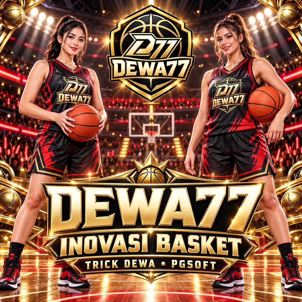 Poster Dewa77 bertema basket dengan dua atlet dewasa, logo Dewa77, dan ornamen emas